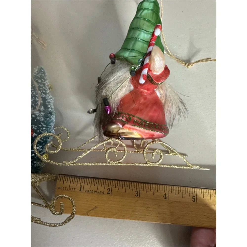 POTTERY BARN - New Mercury Glass GNOME Ornament Sled Faux Fur Beard - Set Of 2